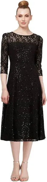 S.L. Fashions Women's Tea Length Three Quarter Sleeve Sequin Lace Dress