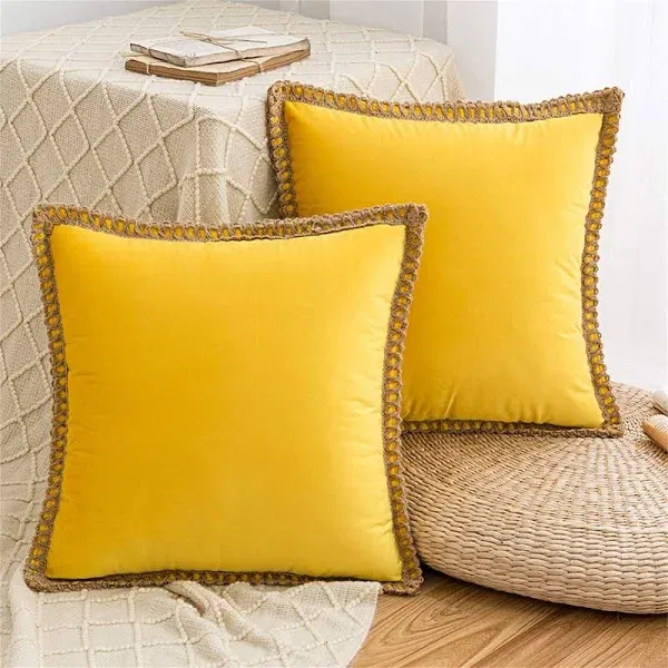 AQOTHES Set of 2 Velvet Decorative Throw Pillow Covers 18x18 Inch, Farmhouse Yellow Throw Pillows for Couch Sofa Bed Home Living Room Decor