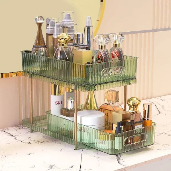 2-Tier Makeup and Skincare Organizers for Vanity, Large Perfume Organizer, Pull-out Bathroom Organizers and Storage with 4 Removable Dividers for Bath, Bedroom, Cabinet, Champagne Gold