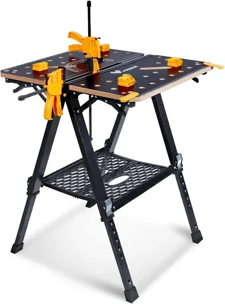 WORKESS Portable Workbench & Sawhorse, 1000lbs Capacity Heavy Duty Folding Work Table, 23.6"-36" Adjustable Height with 2 Quick Clamps, 4 Bench Dogs