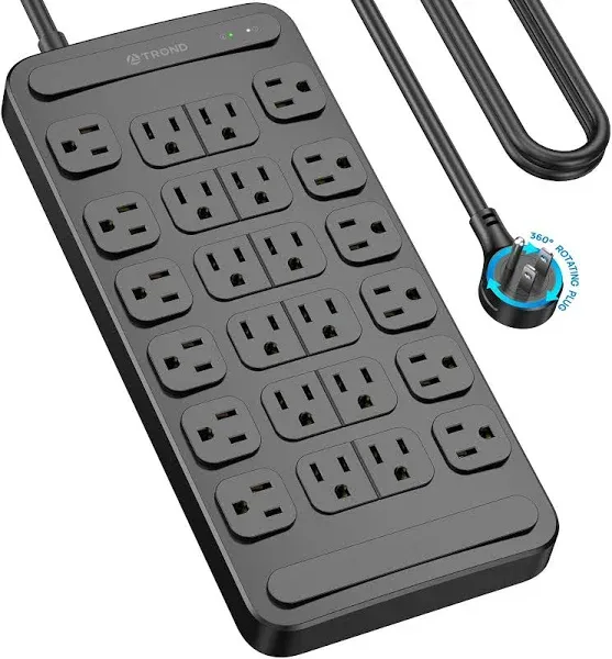 TROND Surge Protector Power Strip 360° Rotating Flat Plug, 24 AC Outlets, 4000 Joules, 10ft Heavy Duty Extension Cord 1875W, ETL Listed, Ideal for Gaming Office Home Dorm Room Essentials Black