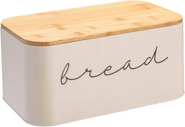 Bloomingville Metal Bin with Bamboo Lid, Cream Bread Box, 11.75" L x 5.25" W x 7" H