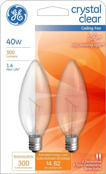 6 PAK GE; 40BC/CF/CD2-TR<wbr/>AY; 2 Pack; 40W; 120V; Blunt Tip Ceiling Fan Bulb; Ca...