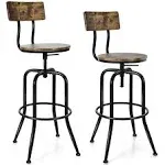 Industrial Height-Adjustable Swivel Bar Stools Vintage Counter Height Kitchen Dining Chair with Arc-Shaped Backrest and Footrest Set of 2