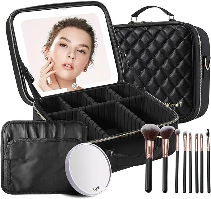 Mocado Travel Makeup Bag with LED Lighted Mirror,Travel Makeup Organizer, Makeup Case with 8 Makeup Brushes and 10x Magnifying Mirror, 3 Color Lighting, Adjustable Divider Makeup Box(Black Lozenge)