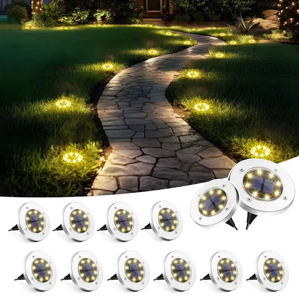 SOLPEX 12 Pack Solar Ground Lights, 8 LED Solar Powered Disk Lights Outdoor Waterproof Garden Landscape Lighting for Yard Deck Lawn Patio Pathway