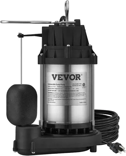 VEVOR Submersible Sump Pump Water Pump 1/2 HP 4320GPH Cast Iron Steel Basement