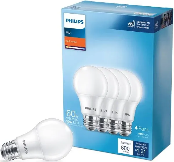 Philips 461129 60-watt Soft White A19 LED Light Bulbs (Pack of 4)