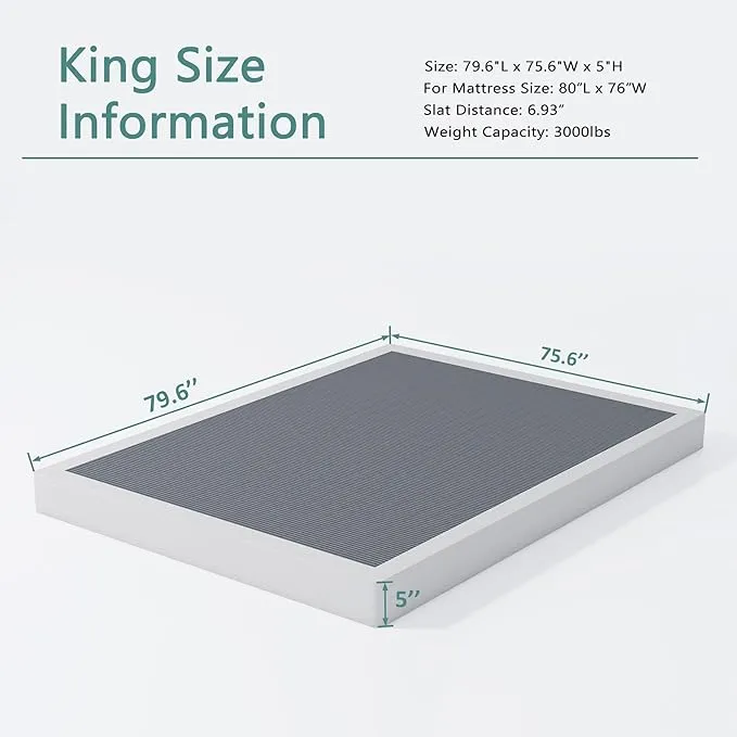 King Size Box Spring 5 Inch High, Heavy Duty Mattress Foundation,Sturdy Box Springs Only with Fabric Cover Set, Easy Assembly, Noise Free