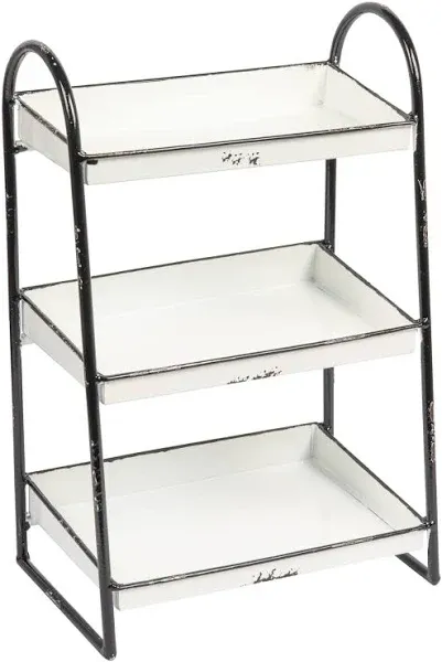 Creative Co-Op Heavily Distressed White 3-Tier Metal Tray with Black Frame &amp; Rim