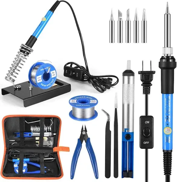 Soldering Iron Kit Electronics, 60W Soldering Welding Iron Tools with ON-Off Switch, 5pcs Soldering Iron Tips, Solder Sucker, Soldering Iron Stand, Tweezers, Solder Wire, Wire Cutter, PU Carry Bag