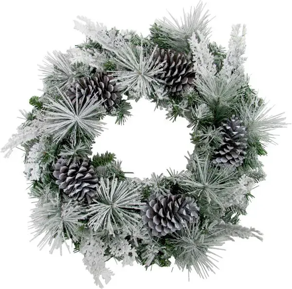 Fraser Hill Farm 24" Christmas Snow Flocked Wreath Door Hanging with Oversized Pinecones, Festive Christmas Holiday Decorations