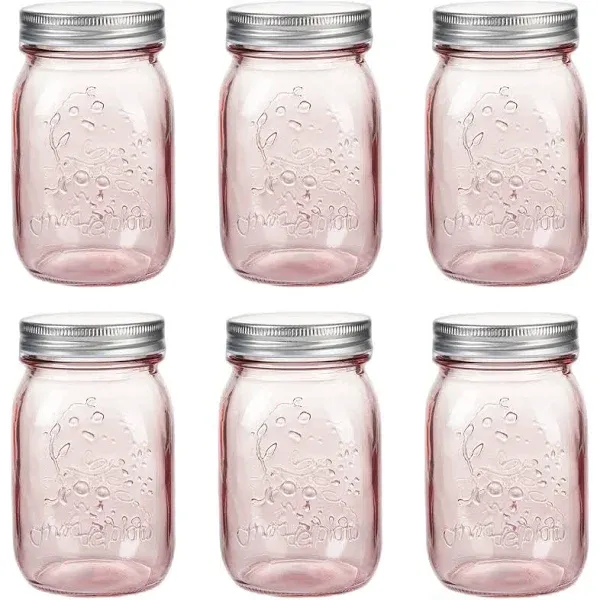 Amzcku 16 oz Rose Pink Mason Jars with Lids (6 Pack)