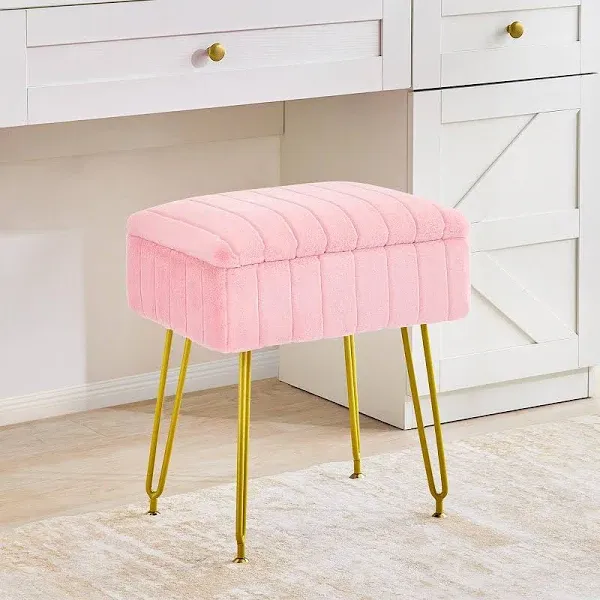 Redlife Vanity Stool with Storage, Vanity Stool Chair, Faux Fur Vanity Chair with Gold Metal Legs, Footrest Footstool Ottoman, Multifunctional Makeup Vanity Chair for Vanity Makeup Room Bedroom(Pink)