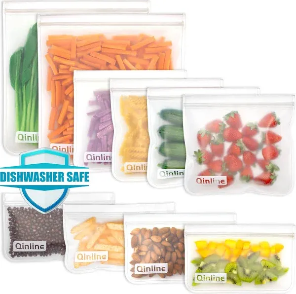 Qinline Reusable Food Storage Bags - 10 Pack Dishwasher Safe Freezer Bags, BP