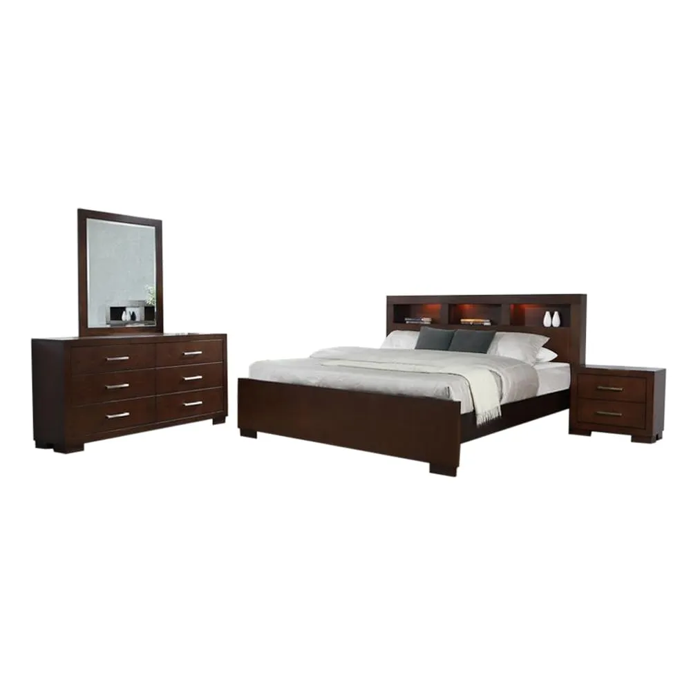 Coaster Home Furnishings Jessica Contemporary 4-Piece Bedroom Set Queen Size LED Storage Bookcase Bed Frame 47-inch Headboard Cappuccino 200719Q-S4