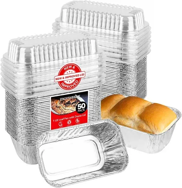 Stock Your Home Disposable Aluminum Mini Loaf Pans with Lids, 1 lb (50 Pack) Plastic Dome Lid Foil Baking Tins, Tin Pans for Cake, Bread, Holiday