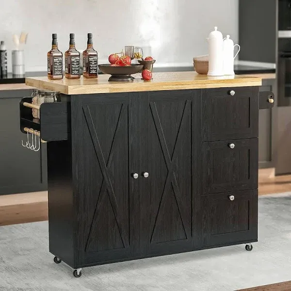 Rolling Kitchen Island Cart with Drop-Leaf Countertop Barn 3Drawers Barn Door Style Cabine for Kitchen and Dining Room