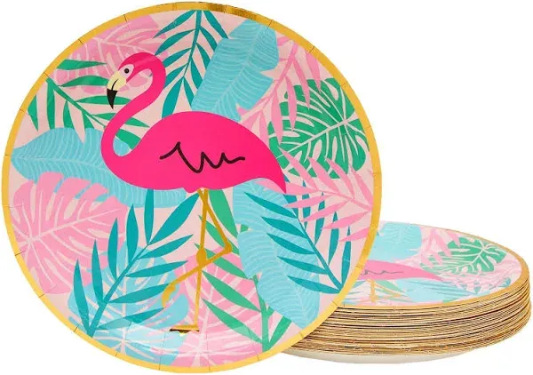 48 Pack Tropical Flamingo Plates with Gold Foil for Hawaiian Themed Party, 9 in