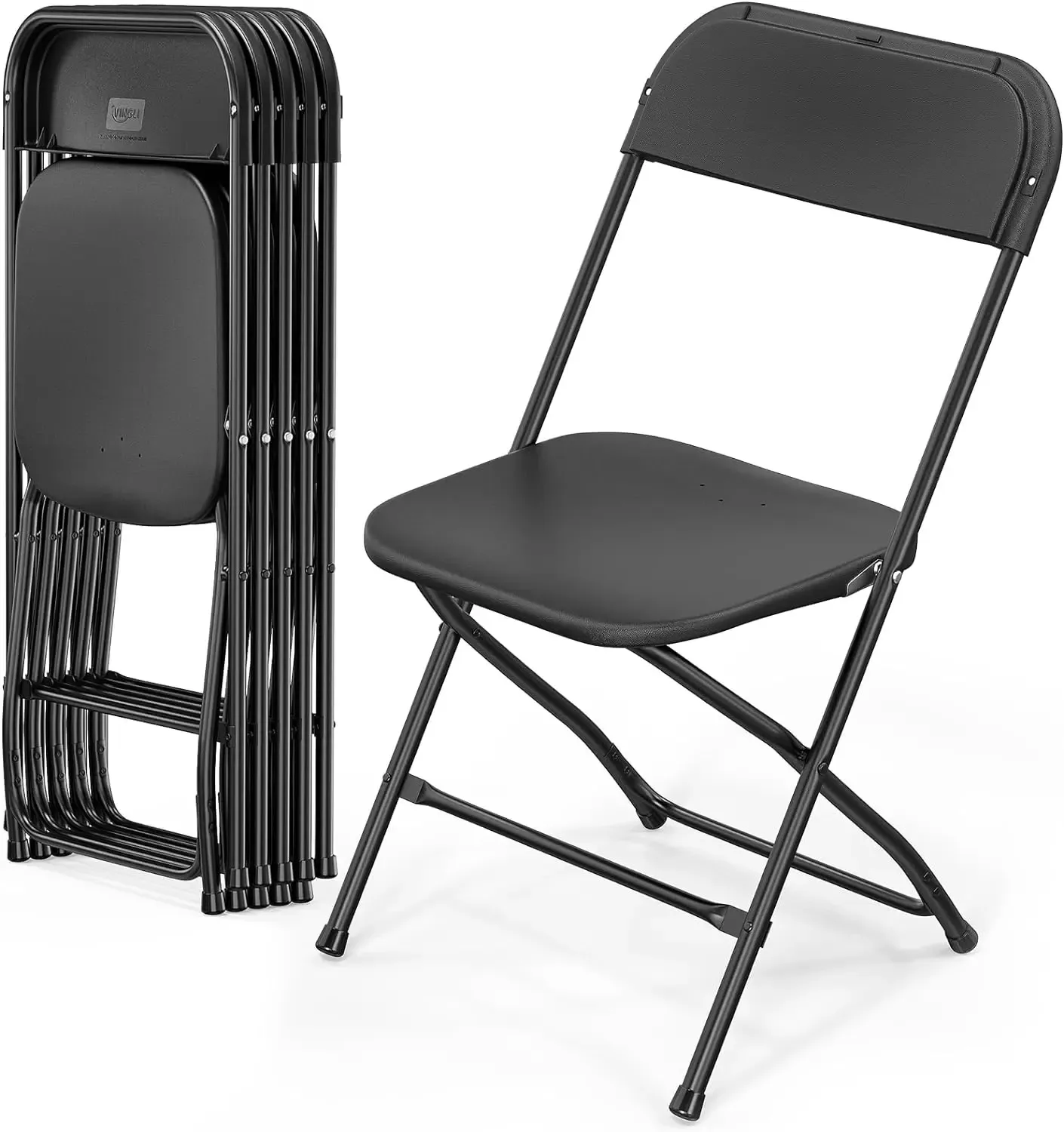 Vingli Black Plastic Folding Chairs, Indoor Outdoor Portable Stackable Commercial Seat with Steel Frame 350lbs, Set of 6