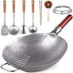 Teewe Carbon Steel Wok Traditional Hand Hammered Wok - 13.4” Chinese Wok Round Bottom Wok Pan Set