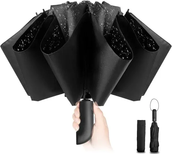 Travel Inverted Umbrella Compact Windproof- Automatic reverse Umbrellas Black