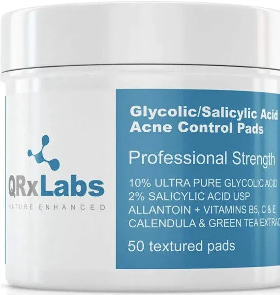 QRxLabs Glycolic/Salicylic Acid 10/2 Acne Control Pads with 10% Ultra Pure Glycolic + 2% Salicylic Acid, Allantoin, Vitamins B5, C & E, Calendula Green Tea - Most Effective Treatment Clear Skin