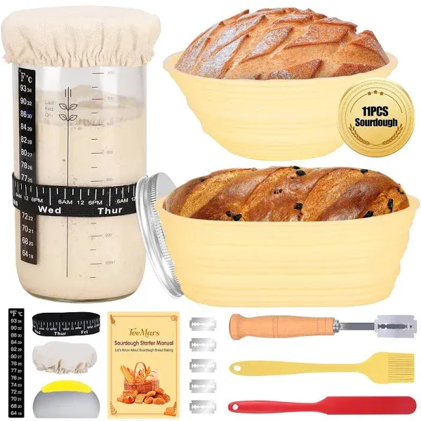 Sourdough Starter Kit, 34oz Sourdough Starter Jar, 2 Bread Proofing Baskets, Thermometer, Feeding Time Tracker, Metal Scraper, Easy to Clean, Complete Sourdough Bread Baking Supplies for Beginners