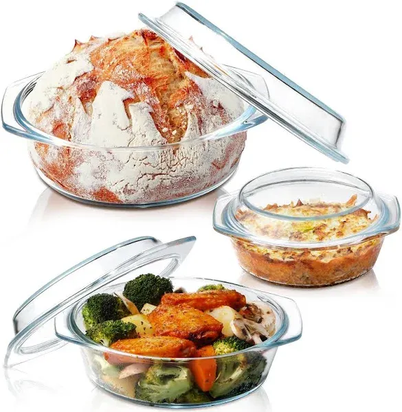 Set of 3 Clear Round Glass Casserole Dishes with Lids