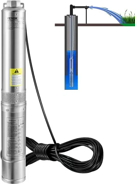 VEVOR Deep Well Submersible Pump, 1HP 230V/60Hz, 37gpm Flow 207ft Head, with 33ft Electric Cord, 4" Stainless Steel Water Pump for Industrial, Irrigation&Home Use, IP68 Waterproof Grade  | VEVOR US