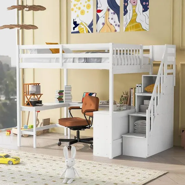 Harper &amp; Bright Designs Multifunctional Full Size Loft Bed with Stairs and Desk in White