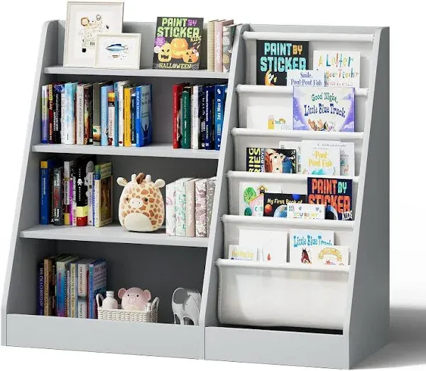 Gray 4 Tier Kids Wooden Bookshelf, Five Layer Sling Bookcase, Baby Storage Book ...