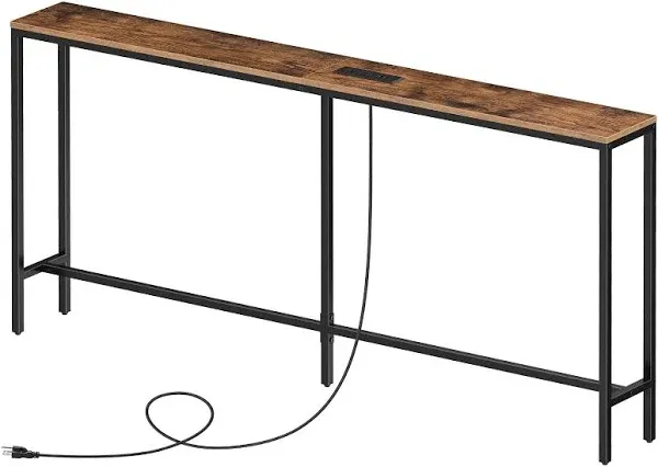 HOOBRO 5.9" Skinny Console Table with Charging Station, 63" Narrow Console Table with Power Outlets, Long and Thin Sofa Table, Slim Entryway Table, Rustic Brown BF165UXG01