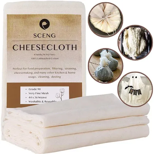 Cheesecloth, Grade 90, 36 Sq Feet, Reusable, 100% Unbleached Cotton Fabric