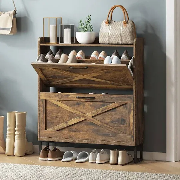 Farmhouse Freestanding Organizer Shoe Cabinet Storage with 2 Flip Drawers for Entryway