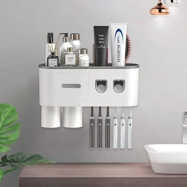 TuCao Wall Mounted Toothbrush Holder with Double Automatic Toothpaste Dispenser and Squeezer