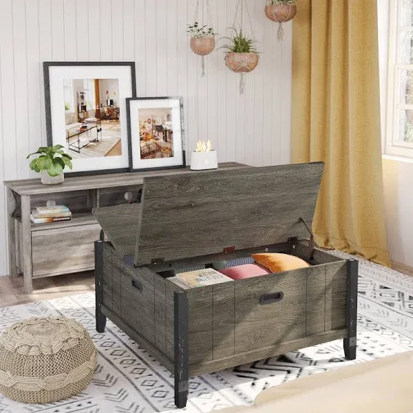 Bestier Farmhouse Coffee Table, Square Wood Center Table with Large Hidden Storage Compartment for Living Room, Rustic Cocktail Table with Hinged Lift