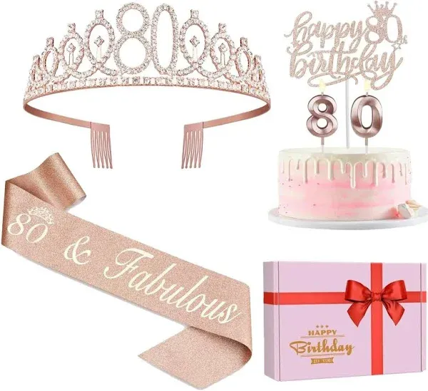 80th Birthday Decorations for Women Including 80th Birthday Crown Sash Cake T...