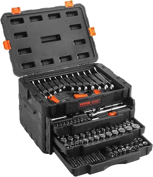 VEVOR Mechanics Tool Set and Socket Set, 1/4" 3/8" 1/2" Drive Deep and Standard Sockets, 450 Pcs SAE and Metric Mechanic Tool Kit with Bits