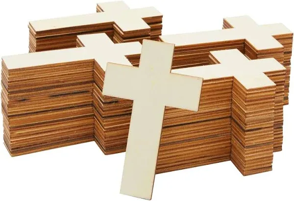 100 Pack Unfinished Wooden Crosses for Crafts - Wood Cross Bulk for Church, First Communion, Easter Tree, Sunday School, DIY Projects (4x3 in)