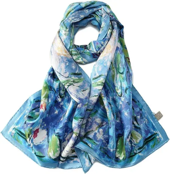 Women&#039;s Long Charmeuse Silk Scarf Classic Art Print Blue Floral 63 x 17\