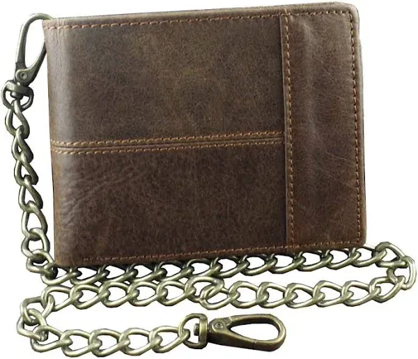 New Vintage Brown Leather Wallet With Chain Mens Bifold /Many Card Holder