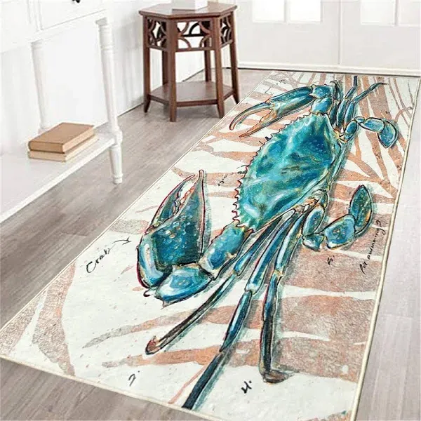 Crab Long Runner Rug 2x6 Throw Rug Coastal Nautical Area Rug Modern Washable ...