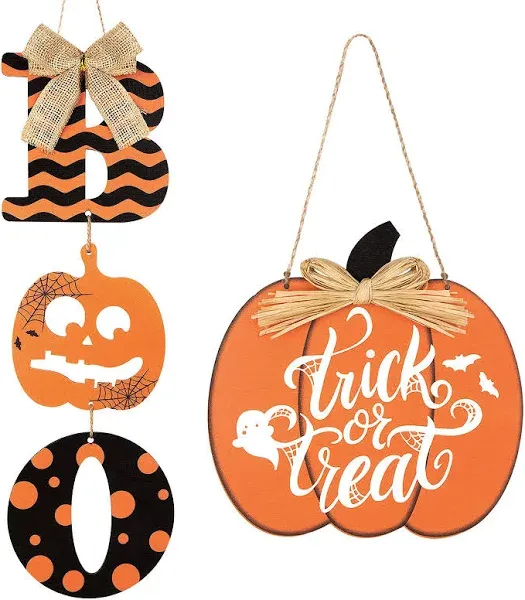 2 Pieces Halloween Decoration Boo Wood Door Wall Signs Trick or Treat, Pumpkin Sign for Home Halloween Party Front Door Outdoor Supply Decoration