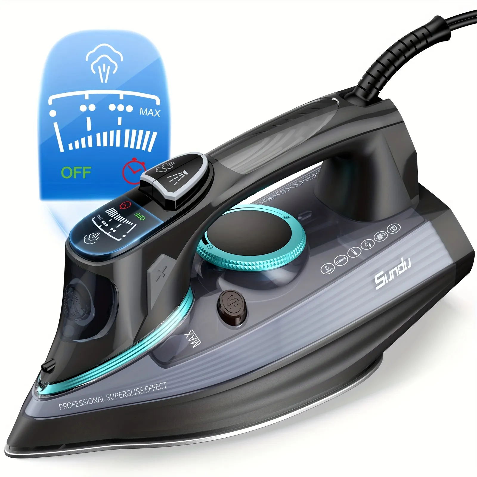 1700 Watt Steam Iron with Digital LED Screen, Ceramic Coated Soleplate, Anti-...