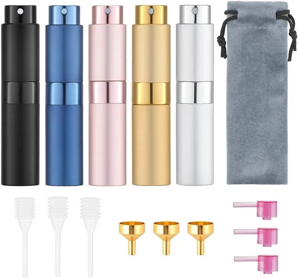 KOIBITO 7PCS/8ML Portable Refillable Mini Perfume Atomizer Bottles, Empty Cologne Spray Bottle, Pocket Travel Perfume Bottles Include Refill Tools (Matte Black,Pink,Blue,Silver)