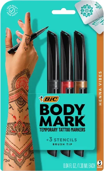 BIC BODYMARK TEMPORARY TATTOO MARKER HENNA VIBES 3 Markers/3 Stencils NEW