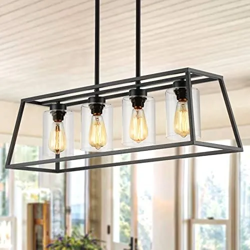 Black Farmhouse Chandeliers for Dining Room, Rustic Kitchen A.Black 4-Light