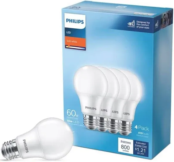 Philips A19 LED Light Bulb 4-Pack