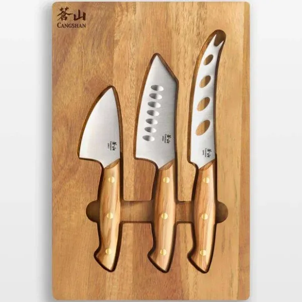 Cangshan Olive Cheese 3 Piece Knife Set with Acacia Board